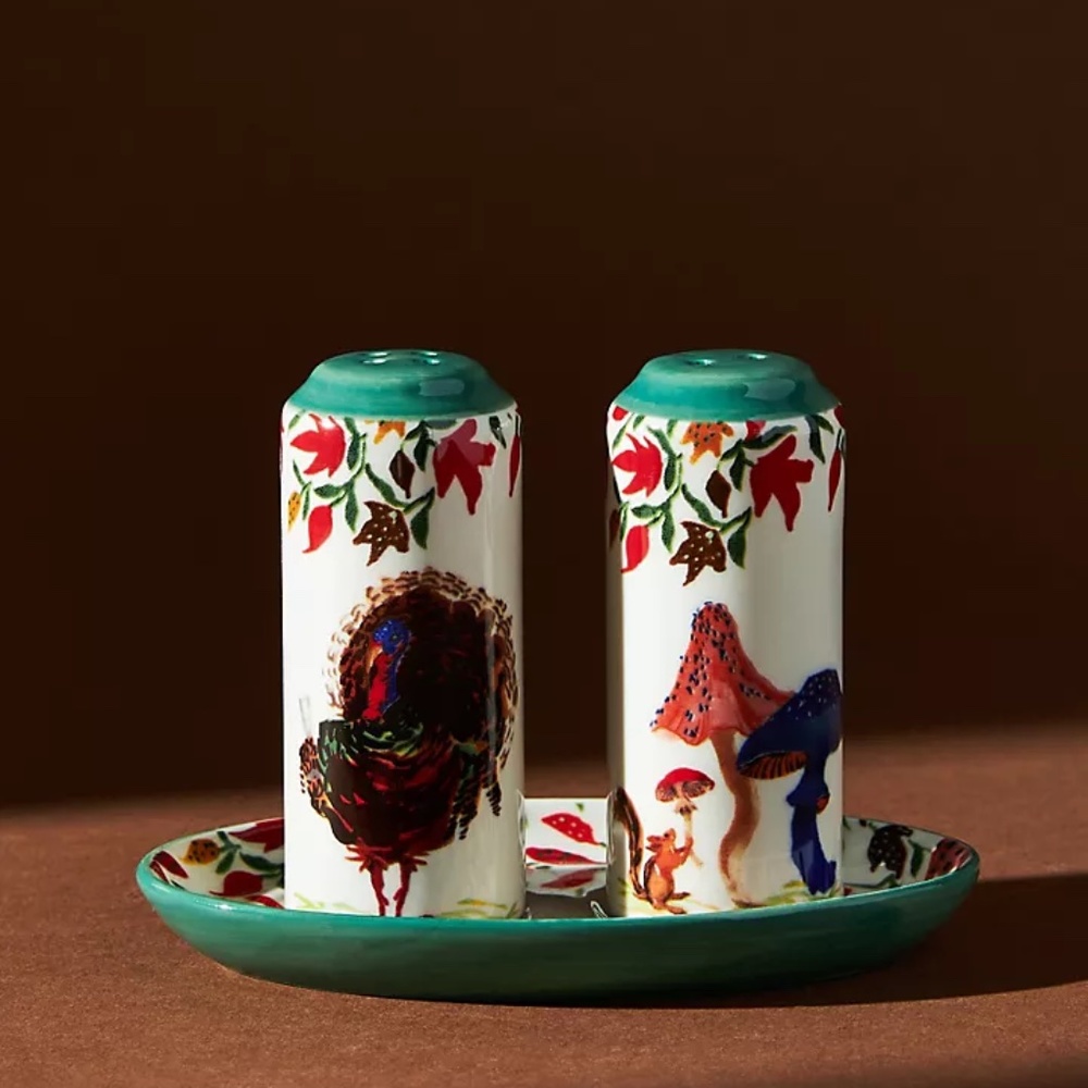 NWT [Set of 3] Anthropologie Autumn's Bounty Salt & Pepper Shakers and Tray